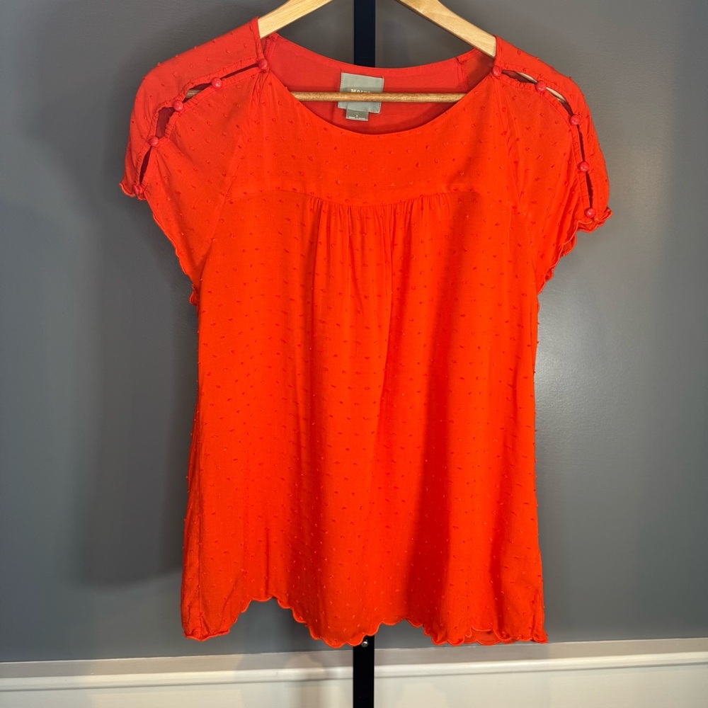 Maeve Anthropologie Swiss Dot Blouse Orange Beaded Shoulder Cutout‎ Top Size 8